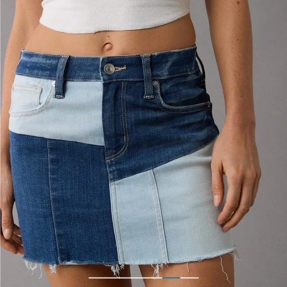 AE Stretch High Waisted Patchwork Denim Mini Skirt - Picture 3 of 9